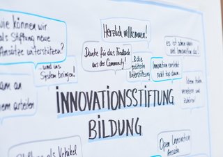 Ein Whiteboard mit dem Text: Innovationsstiftung für Bildung
